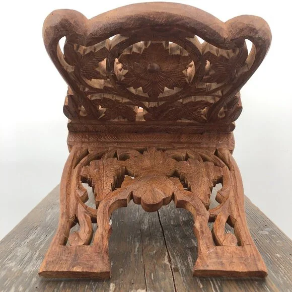 Vintage Teak Wood Book Holder Kitchen Stand Hand Carved Floral Leaf Design Foldi - Picture 3 of 9